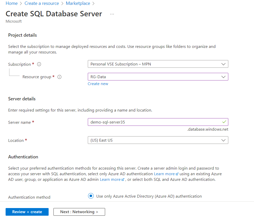 Create SQL Database Server